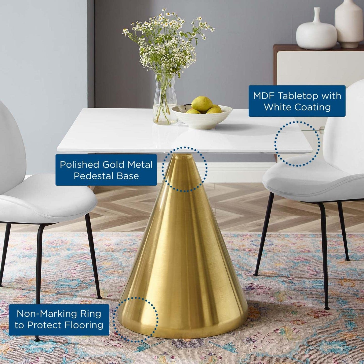 patio dining tables | CasaFoyer Tupelo 36 Square Dining Table | Modern Style | Mid-Century Charm | Polished Gold Base | Easy to Clean | Non-Marking Ring | White Coating | casafoyer.myshopify.com