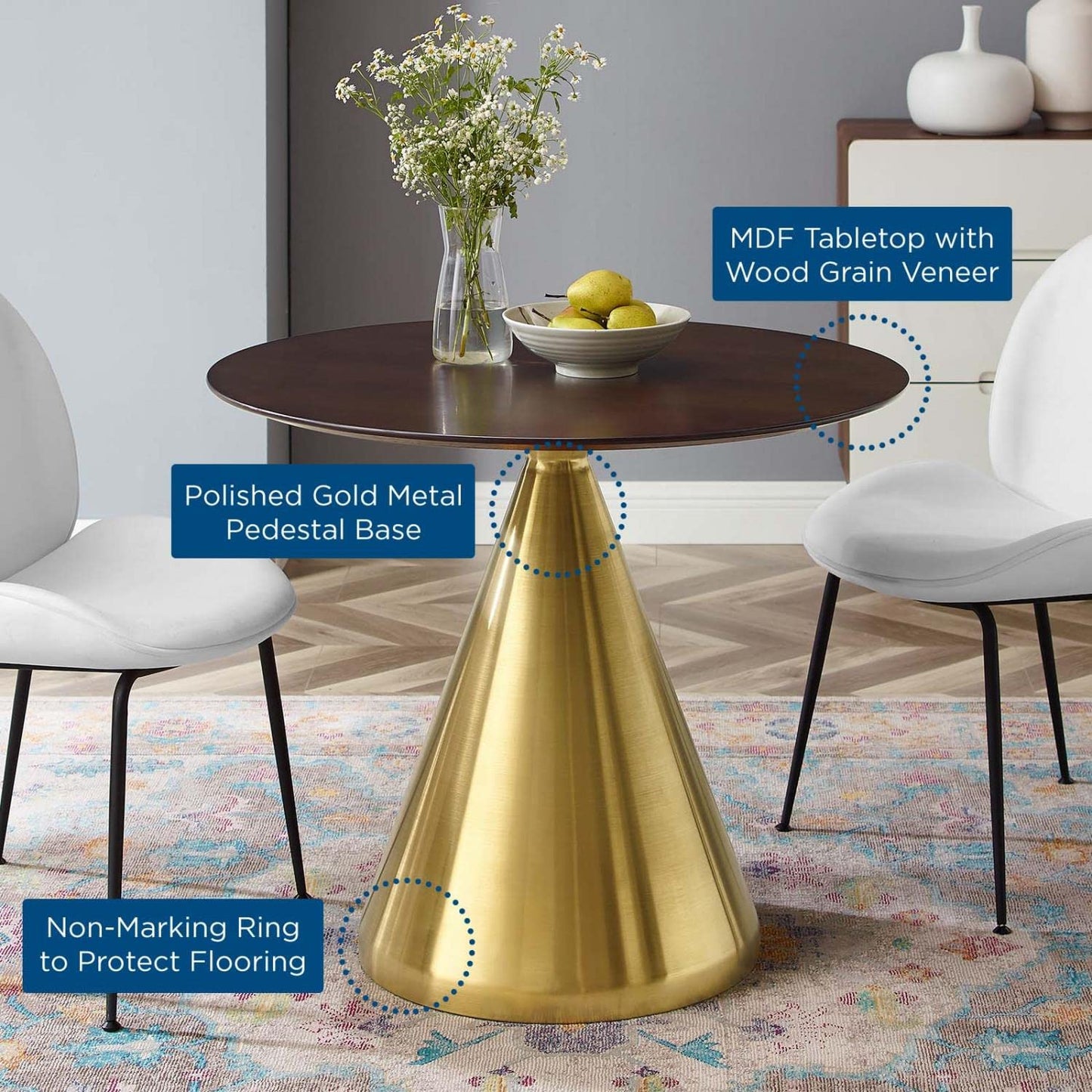 patio dining tables | CasaFoyer Tupelo 36 Dining Table | Modern Style | Mid-Century Charm | Organic Shape | Polished Gold Metal Base | MDF & Wood Grain Veneer | Non-Marking Ring | casafoyer.myshopify.com