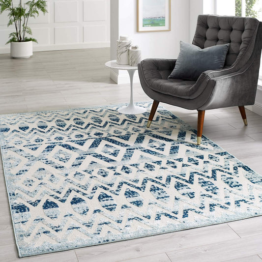 Carpet & Rugs | CasaFoyer Reflect Tamako Distressed Vintage Diamond & Chevron Moroccan Trellis Rug | 5x8 | Indoor/Outdoor | Ivory/Blue | casafoyer.myshopify.com