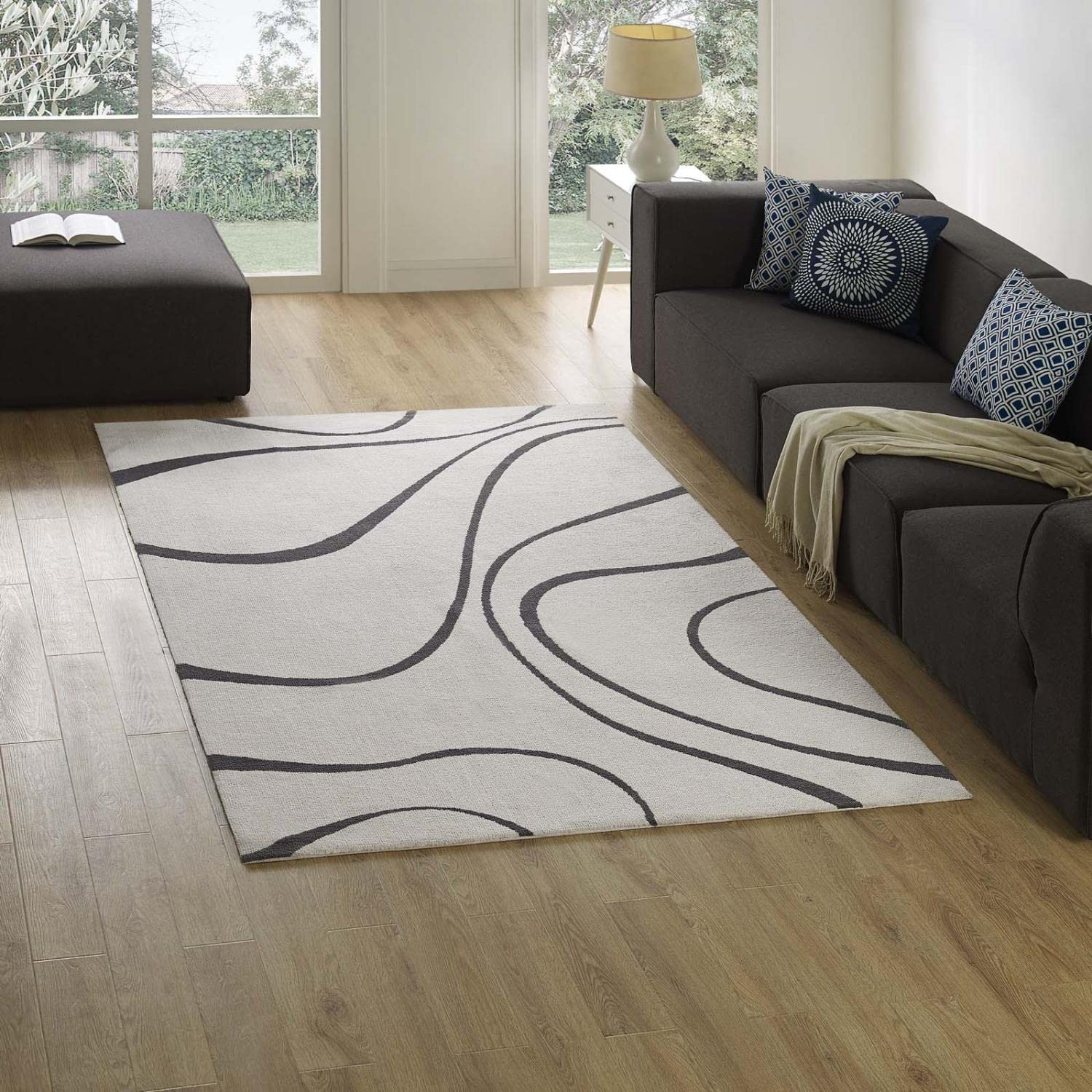 area rugs | CasaFoyer Therese Abstract Swirl Area Rug | Elegant Modern Design | Plush Feel | Stain-Resistant | Easy to Maintain | 5x8 Ivory and Charcoal | casafoyer.myshopify.com