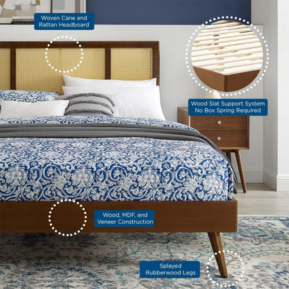 Bed | CasaFoyer Kelsea Woven Cane Rattan Wood Full Platform Bed | Modern Style | Natural Wood | Splayed Legs | Walnut Finish | Supports Various Mattress Types | 601 lbs Weight Capacity | casafoyer.myshopify.com