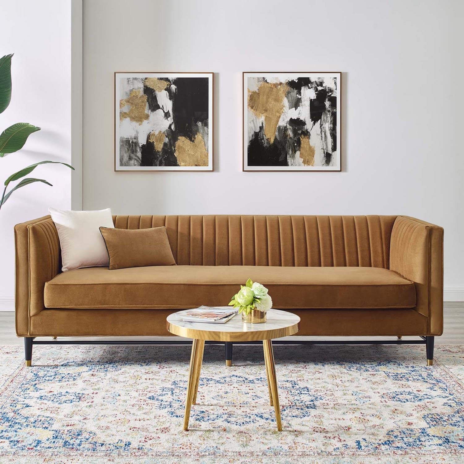 sofas | CasaFoyer Devote Channel Tufted Performance Velvet Sofa | Retro Twist | Stain-Resistant | Dense Foam Padding | Durable Construction | Black Rubberwood Legs with Gold Sleeves | Non-Marking Foot Caps | Assembly Required | 1322 lbs Weight Capacity | casafoyer.myshopify.com