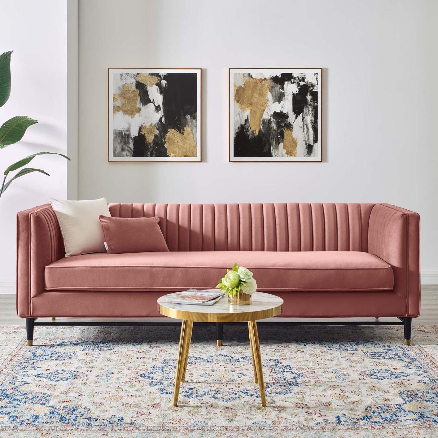 sofas | CasaFoyer Devote Channel Tufted Performance Velvet Sofa | Retro Design | Stain-Resistant | Dense Foam | Durable | Black Rubberwood Legs | Gold Stainless Steel Sleeves | Non-Marking Foot Caps | casafoyer.myshopify.com