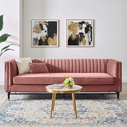 sofas | CasaFoyer Devote Channel Tufted Performance Velvet Sofa | Retro Design | Stain-Resistant | Dense Foam | Durable | Black Rubberwood Legs | Gold Stainless Steel Sleeves | Non-Marking Foot Caps | casafoyer.myshopify.com