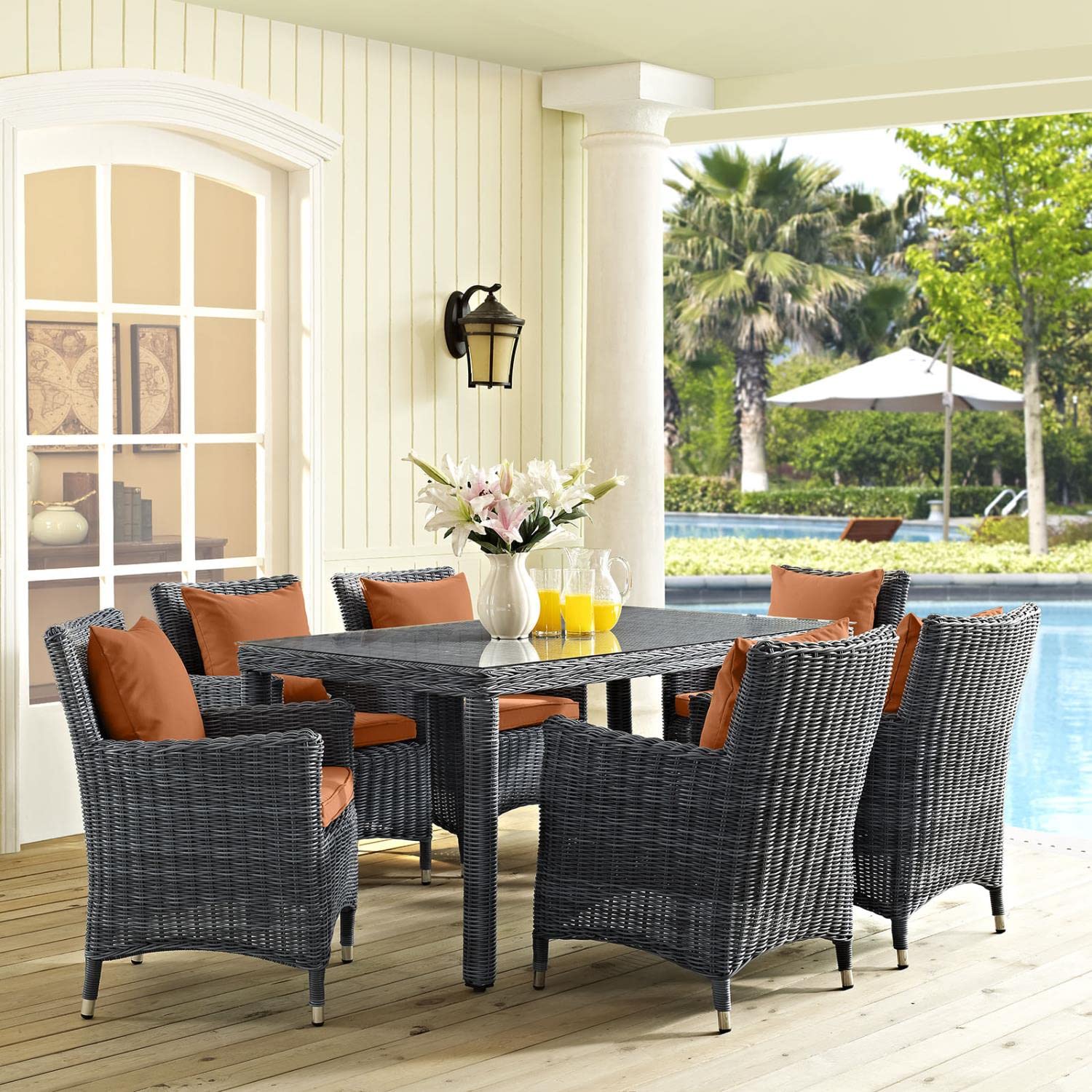 kitchen and dining room sets | CasaFoyer Summon Outdoor Patio Dining Table Set | Two-Tone Rattan Weave | Sunbrella Cushions | UV Protection | Powder-Coated Aluminum Frame | 7-Piece Dining Set | casafoyer.myshopify.com