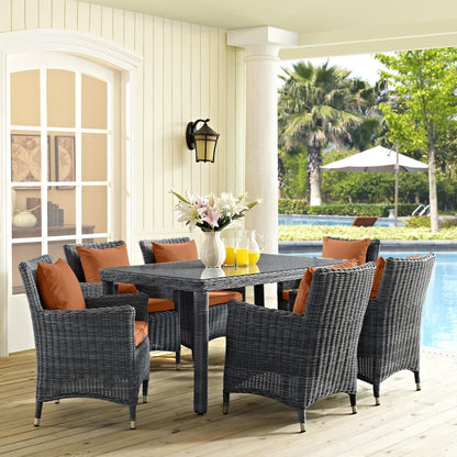kitchen and dining room sets | CasaFoyer Summon Outdoor Patio Dining Table Set | Two-Tone Rattan Weave | Sunbrella Cushions | UV Protection | Powder-Coated Aluminum Frame | 7-Piece Dining Set | casafoyer.myshopify.com