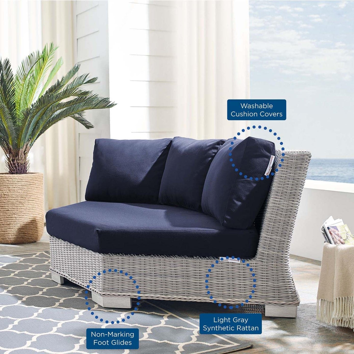 executive chairs | CasaFoyer Conway Outdoor Patio Wicker Rattan Sectional Sofa Round Corner Chair | Light Gray | UV-Resistant | Water-Resistant Sunbrella Fabric | Durable Aluminum Frame | Modular Design | Cozy Cushions | Easy Assembly | casafoyer.myshopify.com