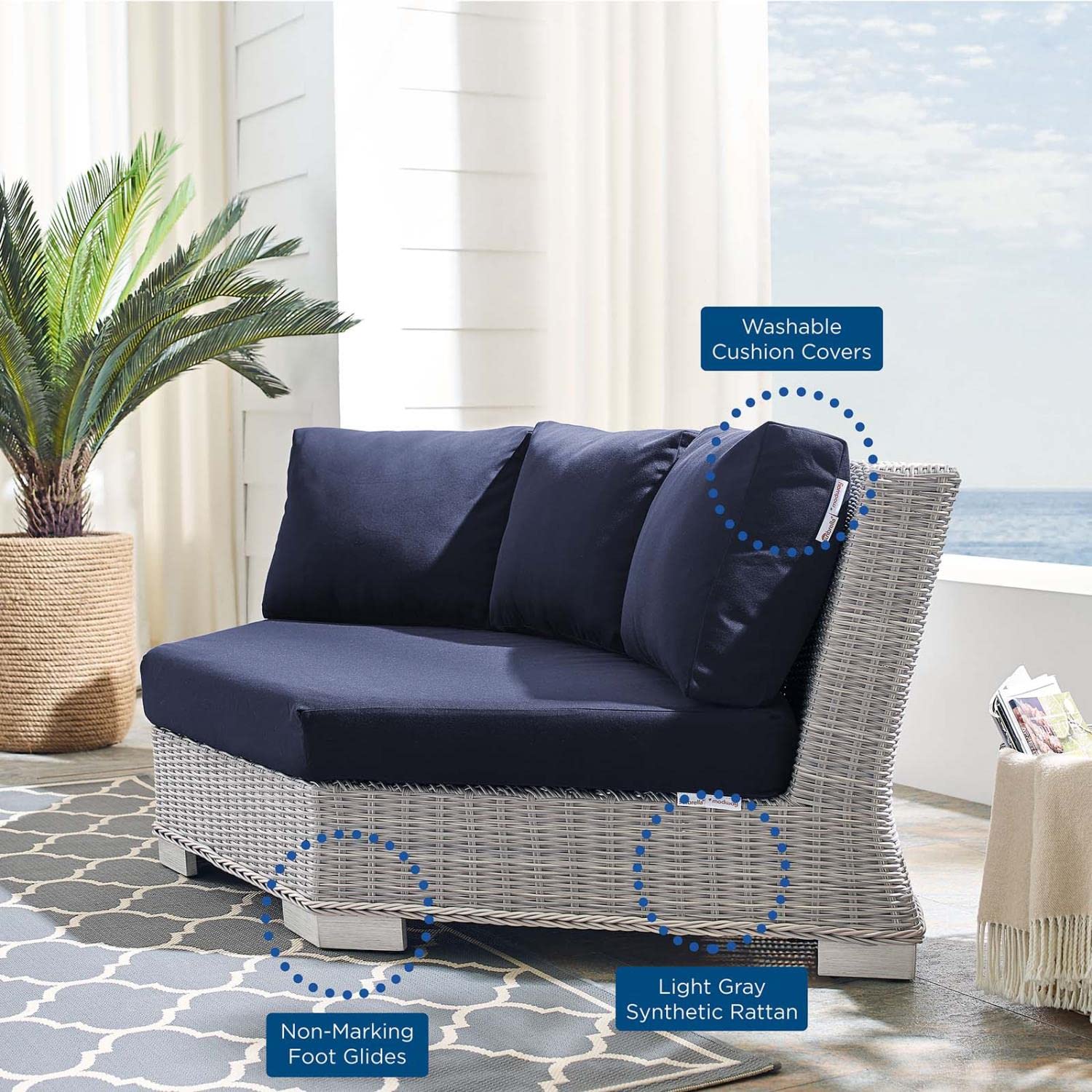executive chairs | CasaFoyer Conway Outdoor Patio Wicker Rattan Sectional Sofa Round Corner Chair | Light Gray | UV-Resistant | Water-Resistant Sunbrella Fabric | Durable Aluminum Frame | Modular Design | Cozy Cushions | Easy Assembly | casafoyer.myshopify.com