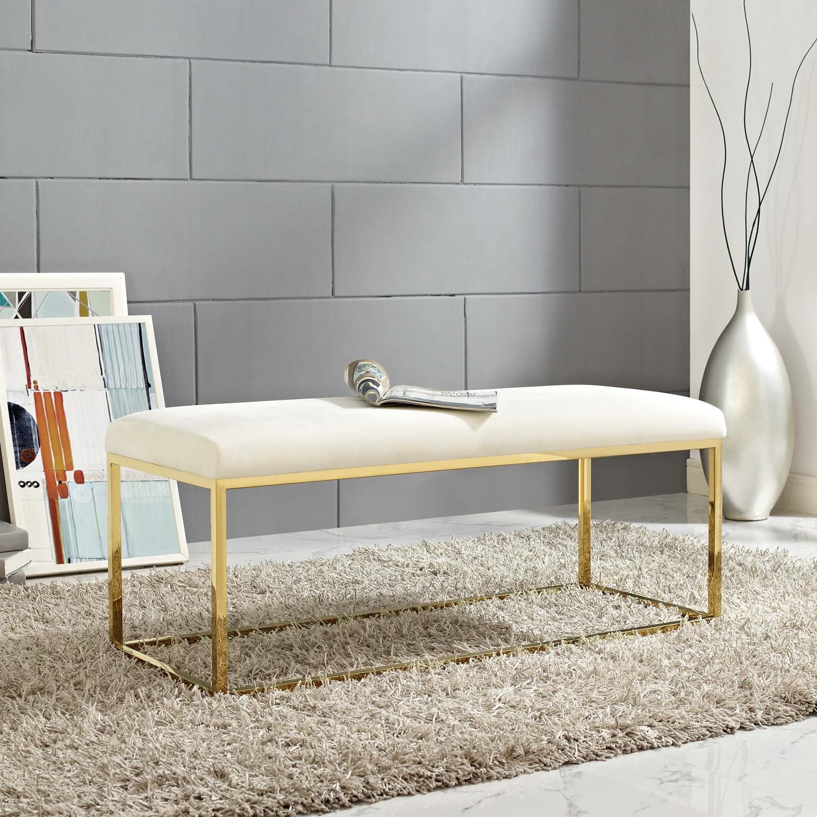 ottomans | CasaFoyer Anticipate Bench | Elegant & Modern | Polished Stainless Steel Base | Luxurious Velvet Polyester Fabric | Non-Marking Foot Caps | Comfortable & Stylish | Weight Capacity up to 331 lbs | Hassle-Free Assembly | Gold Ivory Color | casafoyer.myshopify.com