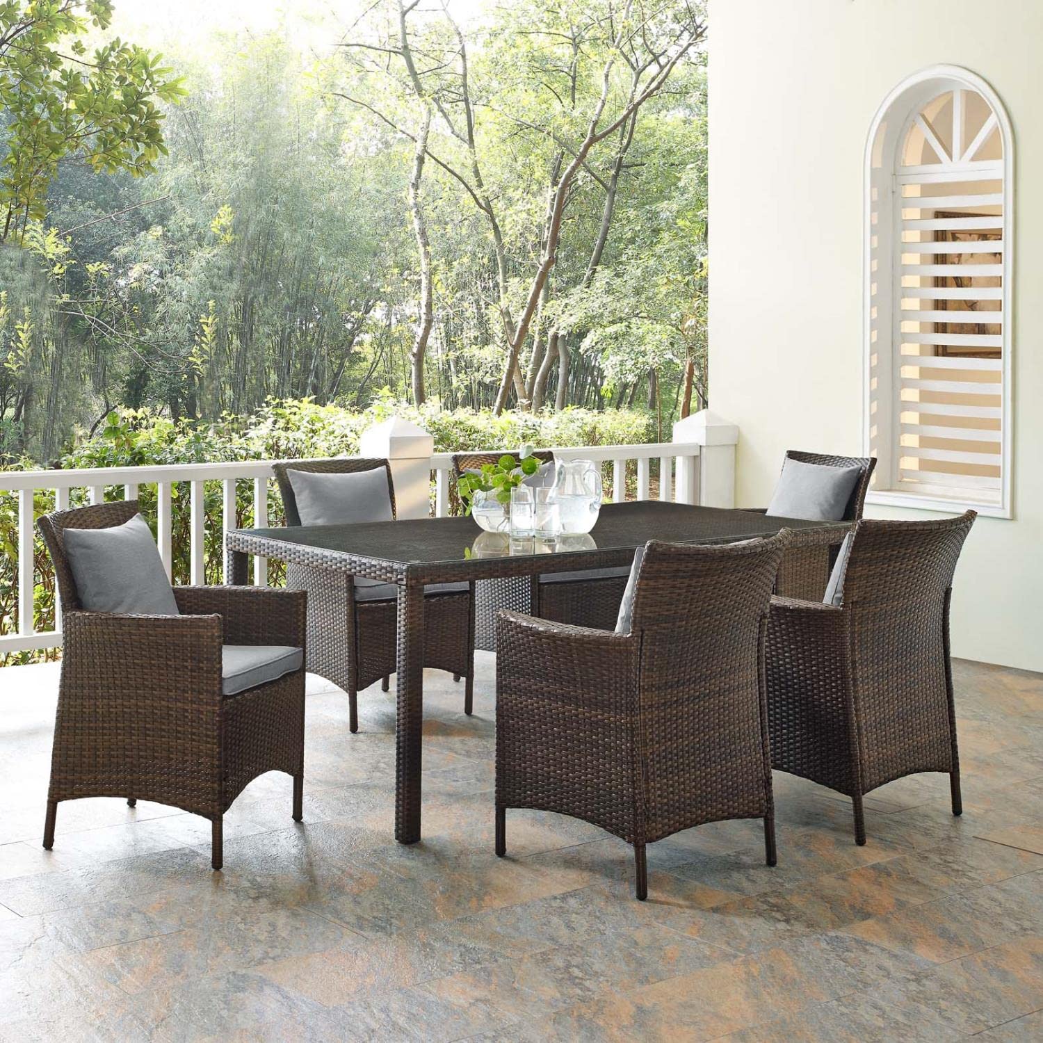 kitchen and dining room sets | CasaFoyer Conduit 7 Piece Outdoor Patio Dining Set | Transitional Style | Modern Flair | Durable Aluminum Frame | UV-Resistant Wicker Rattan | Comfortable Cushions | Tempered Glass Tabletop | casafoyer.myshopify.com