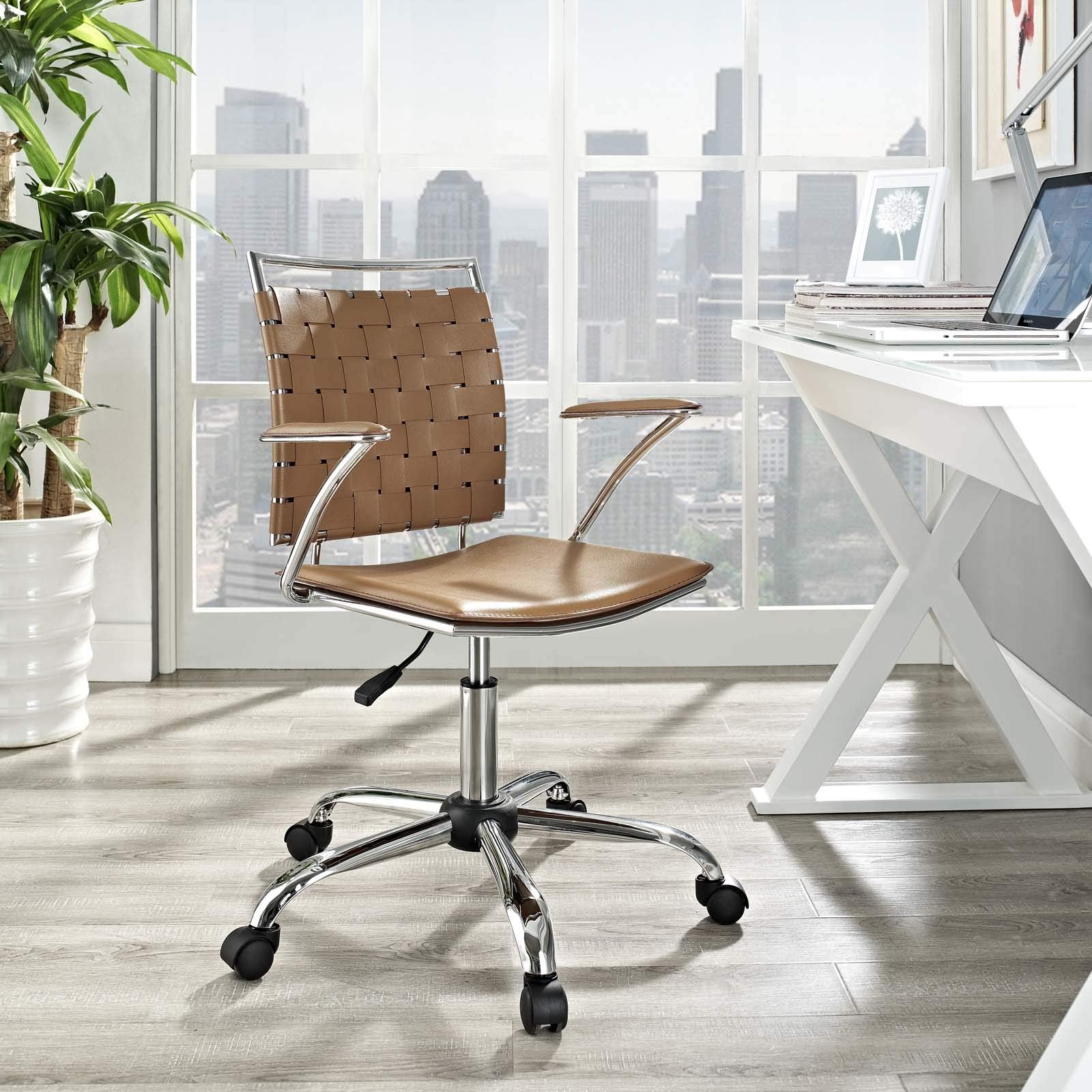 home office desk chairs | CasaFoyer Modern Office Chair | Height-Adjustable | PVC Webbing Back | Foam Cushion | Chrome-Plated Base | Contemporary Design - Tan | casafoyer.myshopify.com