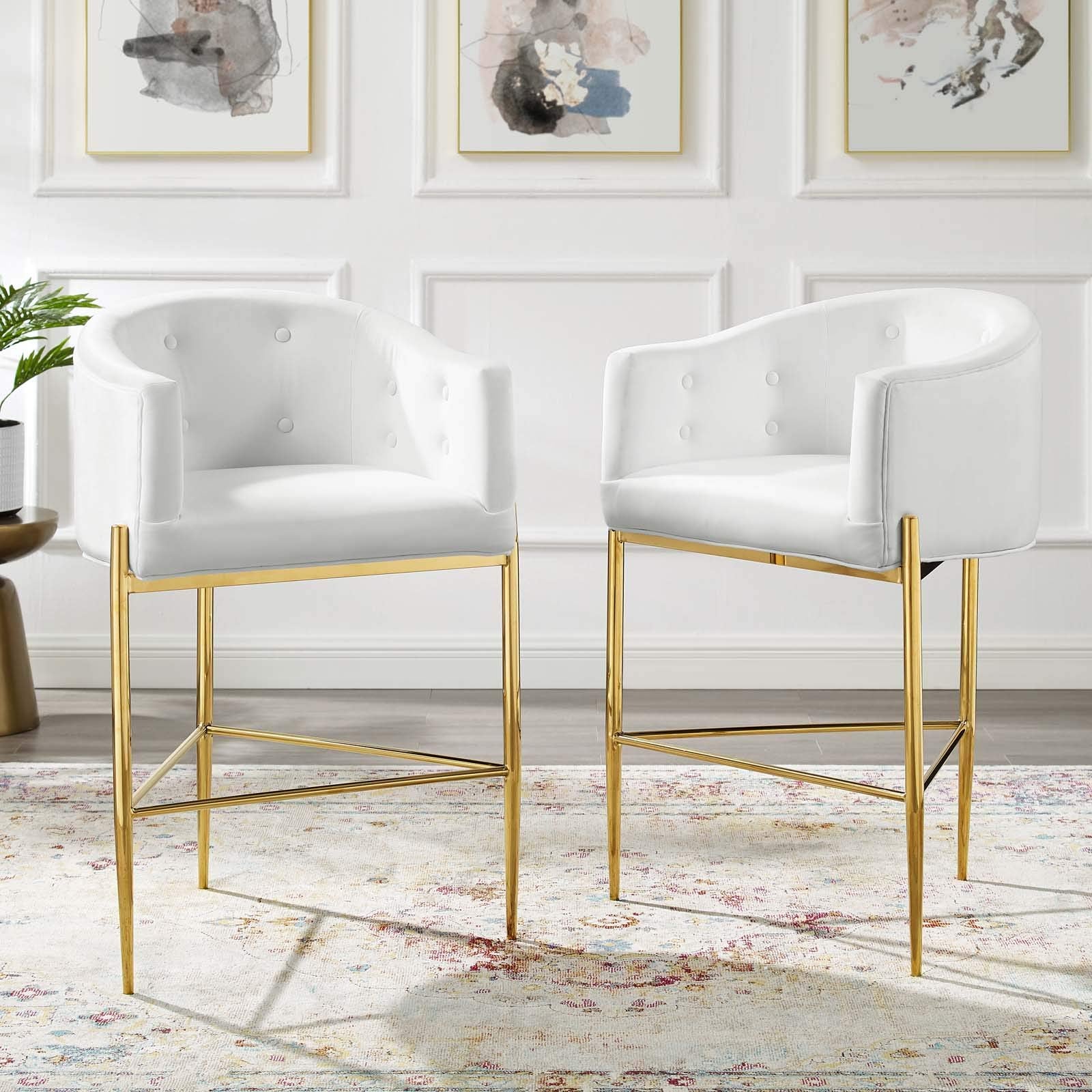 barstools | CasaFoyer Savour Tufted Performance Velvet Bar Stool Set of 2 | Luxury Design | Stain-Resistant Upholstery | Comfortable Foam Padding | Chrome Gold Frame | 300 lb Weight Capacity | 29 Seat Height | casafoyer.myshopify.com