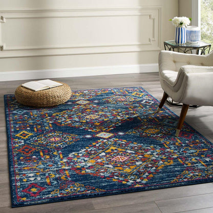 Carpet & Rugs | CasaFoyer Khalida Distressed Vintage Floral Lattice Area Rug | 5x8 | Blue/Orange/Yellow/Red | Durable Frise Polypropylene | Stain Resistant | Easy to Maintain | casafoyer.myshopify.com