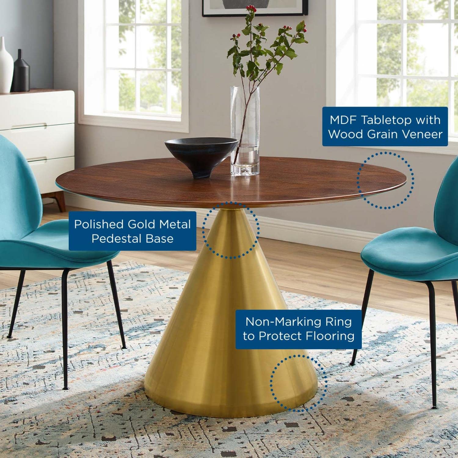 patio dining tables | CasaFoyer Tupelo 47 Dining Table | Modern Style | Mid-Century Design | Gold Metal Base | Wood Grain Veneer | Easy to Clean | Non-Marking Ring | Assembly Required | casafoyer.myshopify.com