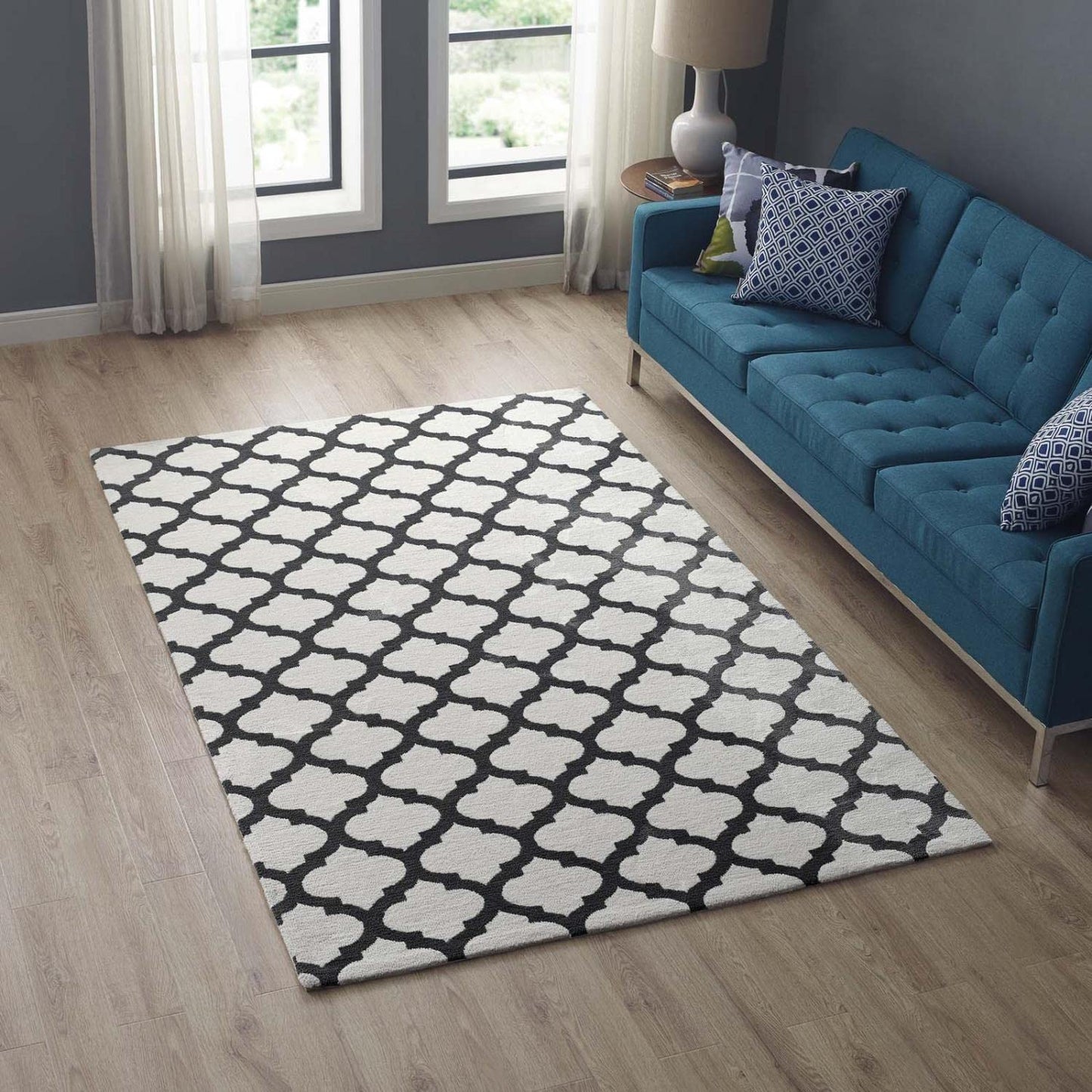 Carpet & Rugs | CasaFoyer Lida Moroccan Trellis Area Rug | Elegant Quatrefoil Pattern | Soft Polyester Microfiber | Durable Jute Bottom | Stain-Resistant | Easy to Clean | 5x8 Ivory/Charcoal | casafoyer.myshopify.com