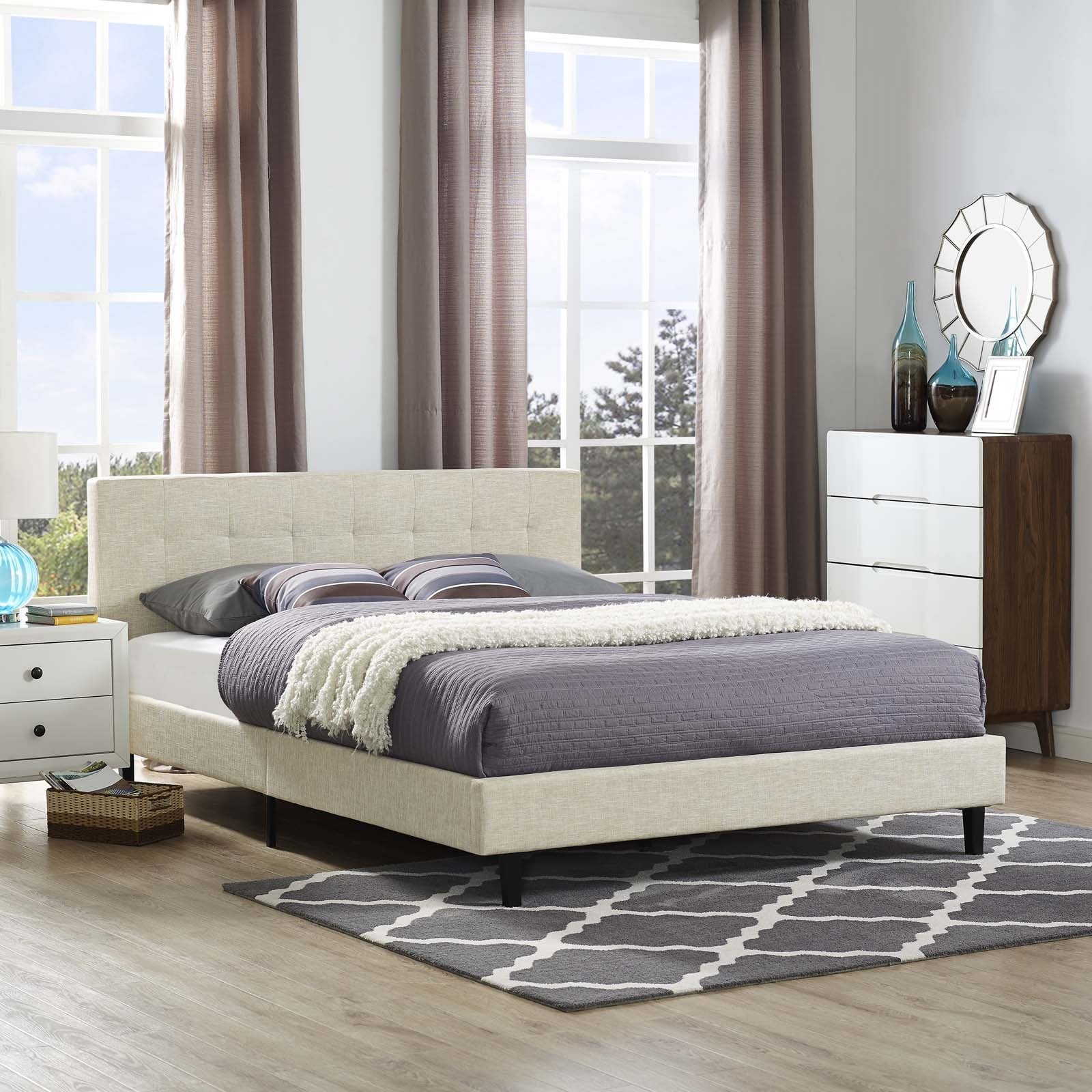 Bed | CasaFoyer  Linnea Platform Bed | Elegant Upholstered Full Bed | Tufted Headboard | Wood Legs | Slatted Support System | Beige | casafoyer.myshopify.com