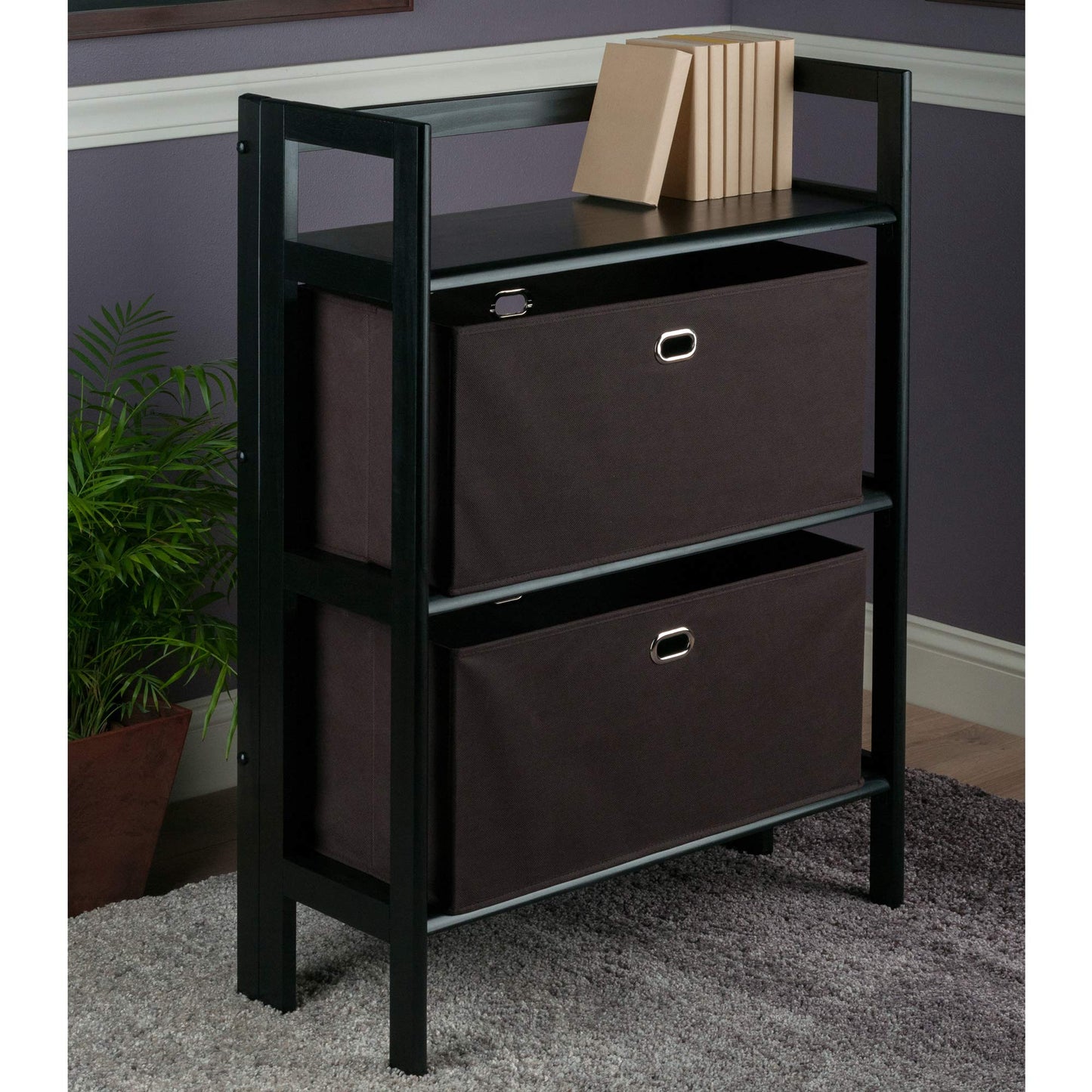 bookcases | Ergode  Wood Torino Folding Storage Shelf | Solid Wood | Black Finish | 2 Baskets | Foldable & Stackable | 27.8W x 11.5D x 38.5H | 20 lbs. Weight Capacity | casafoyer.myshopify.com