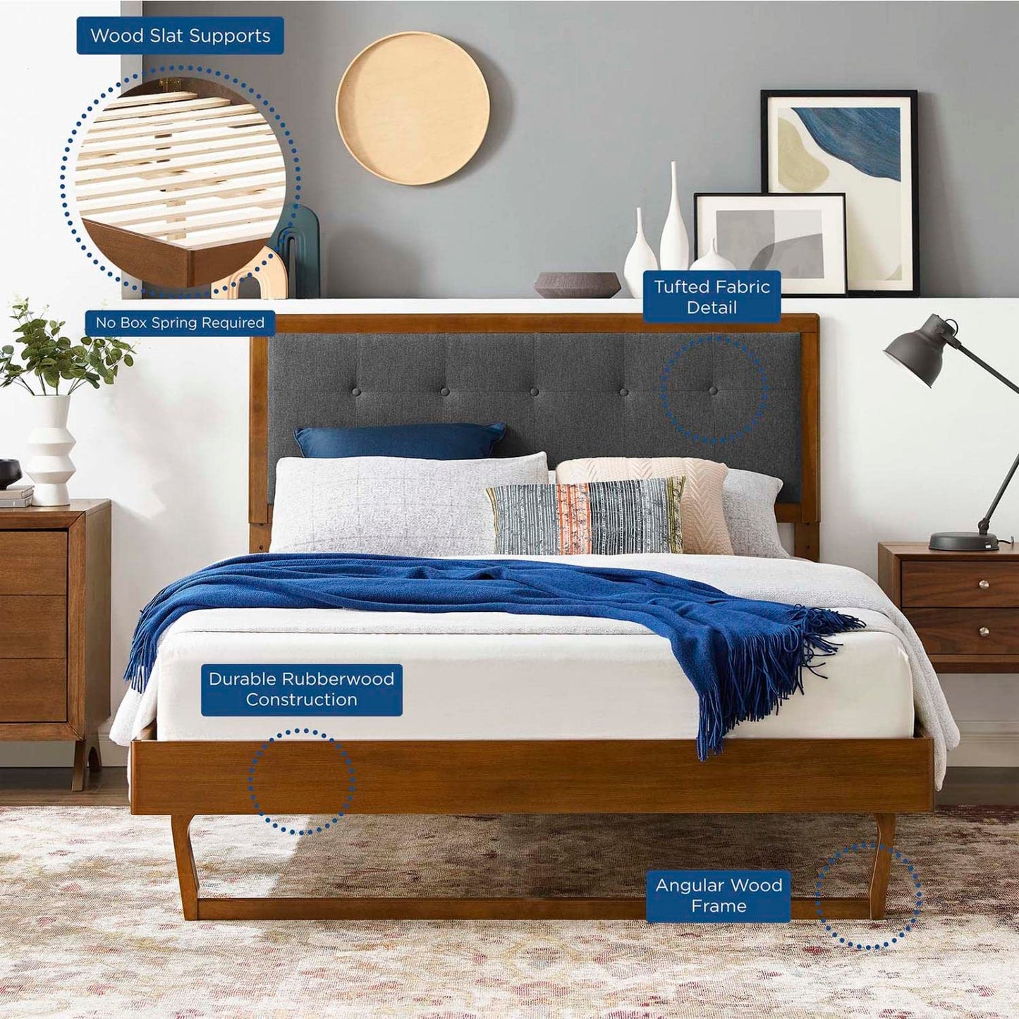 bed frames | CasaFoyer Willow Tufted Wood Queen Platform Bed | Mid-Century Design | Upholstered Headboard | Sturdy Materials | Wood Slat Support System | Easy Assembly | casafoyer.myshopify.com