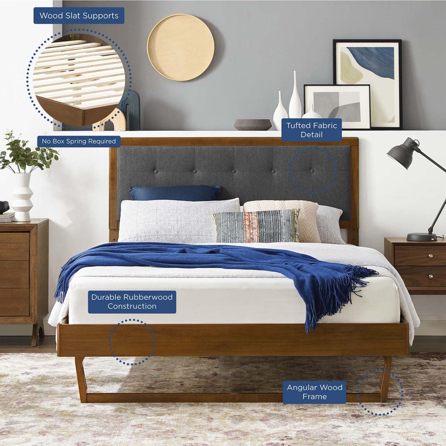 bed frames | CasaFoyer Willow Tufted Wood Queen Platform Bed | Mid-Century Design | Upholstered Headboard | Sturdy Materials | Wood Slat Support System | Easy Assembly | casafoyer.myshopify.com