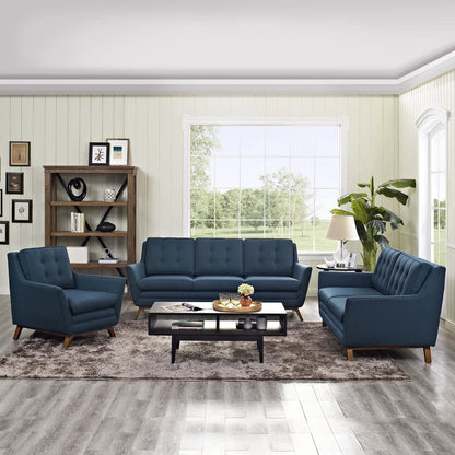 sofas | CasaFoyer Beguile Collection | Mid-Century Elegance | Fabric Upholstery | Walnut Base | Armchair, Loveseat, Sofa. Elevate your living area with this exquisite set. | casafoyer.myshopify.com