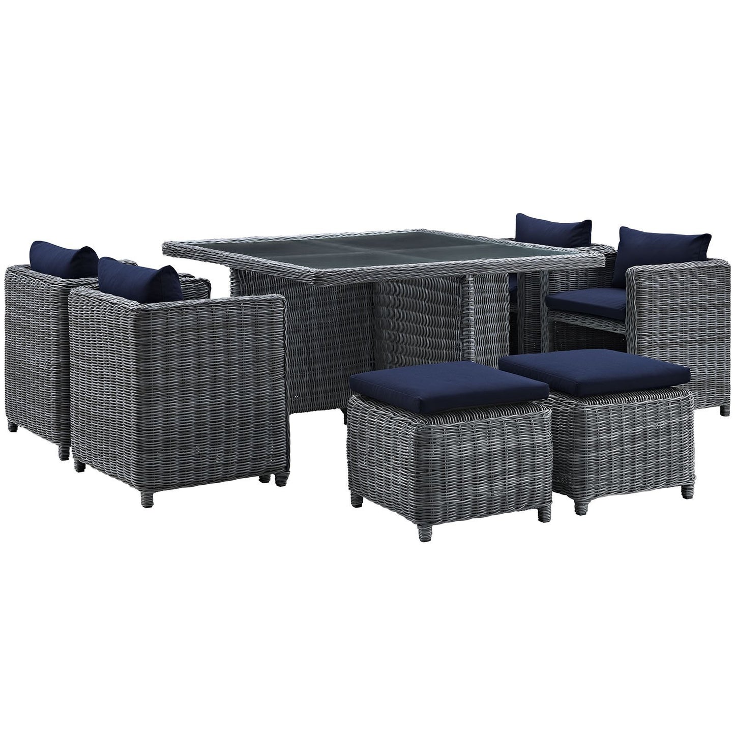 Patio Furniture Sets | Summon Outdoor Patio Furniture Dining Set | 9 Piece | Sunbrella Fabric | Synthetic Rattan | Aluminum Frame | Navy | casafoyer.myshopify.com