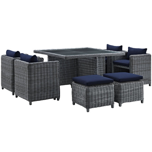 Patio Furniture Sets | Summon Outdoor Patio Furniture Dining Set | 9 Piece | Sunbrella Fabric | Synthetic Rattan | Aluminum Frame | Navy | casafoyer.myshopify.com