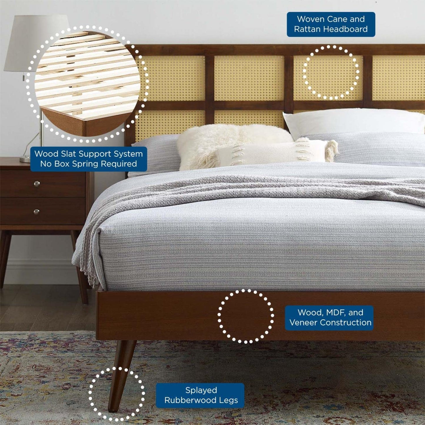 Bed | CasaFoyer Sidney Woven Cane Rattan Wood Queen Platform Bed | Retro Charm, Natural Beauty | Mid-Century Design | Sturdy Construction | No Box Spring Needed | Luana Cane Headboard | Margo Platform Bed Frame | casafoyer.myshopify.com