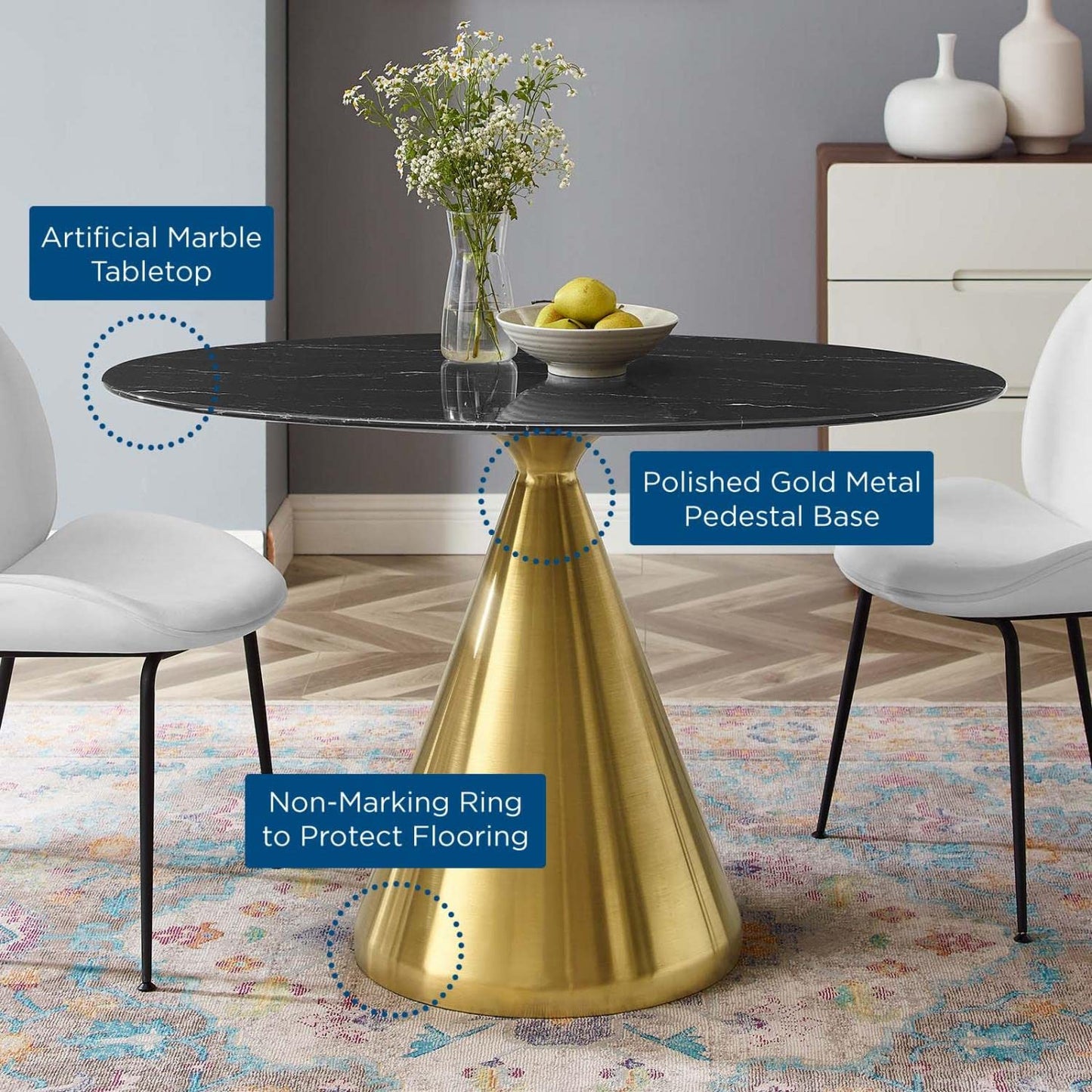 patio dining tables | CasaFoyer Tupelo 48 Oval Artificial Marble Dining Table | Modern Style | Mid-Century Charm | Polished Gold Metal Base | Easy to Clean | Non-Marking Ring | casafoyer.myshopify.com