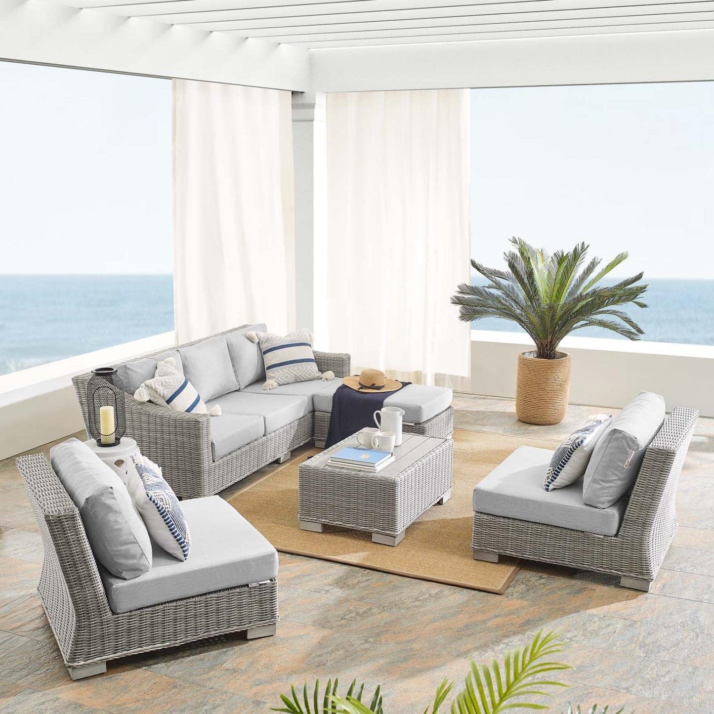 kitchen and dining room sets | CasaFoyer Conway Outdoor Patio Sunbrella Wicker Rattan 5-Piece Furniture Set | Light Gray | UV-Resistant | Water-Resistant | Comfortable Seating | Durable Frame | casafoyer.myshopify.com