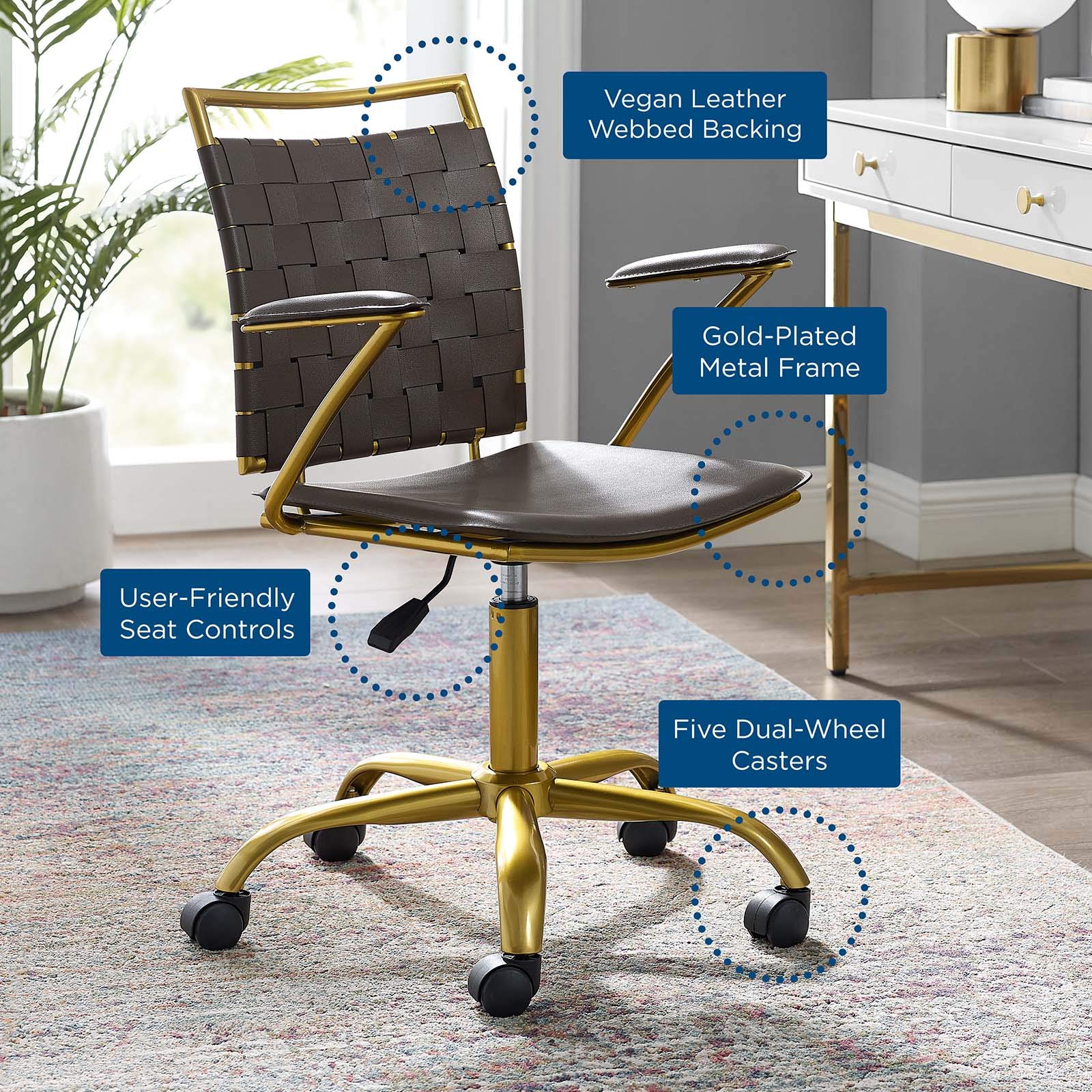 home office desk chairs | CasaFoyer Fuse Office Chair | Contemporary Design | Adjustable Height | Faux Leather Webbing Back | Foam Cushion | Gold-Plated Base | Padded Armrests | Dual-Wheeled Casters | Productive & Fashionable Workspace | casafoyer.myshopify.com