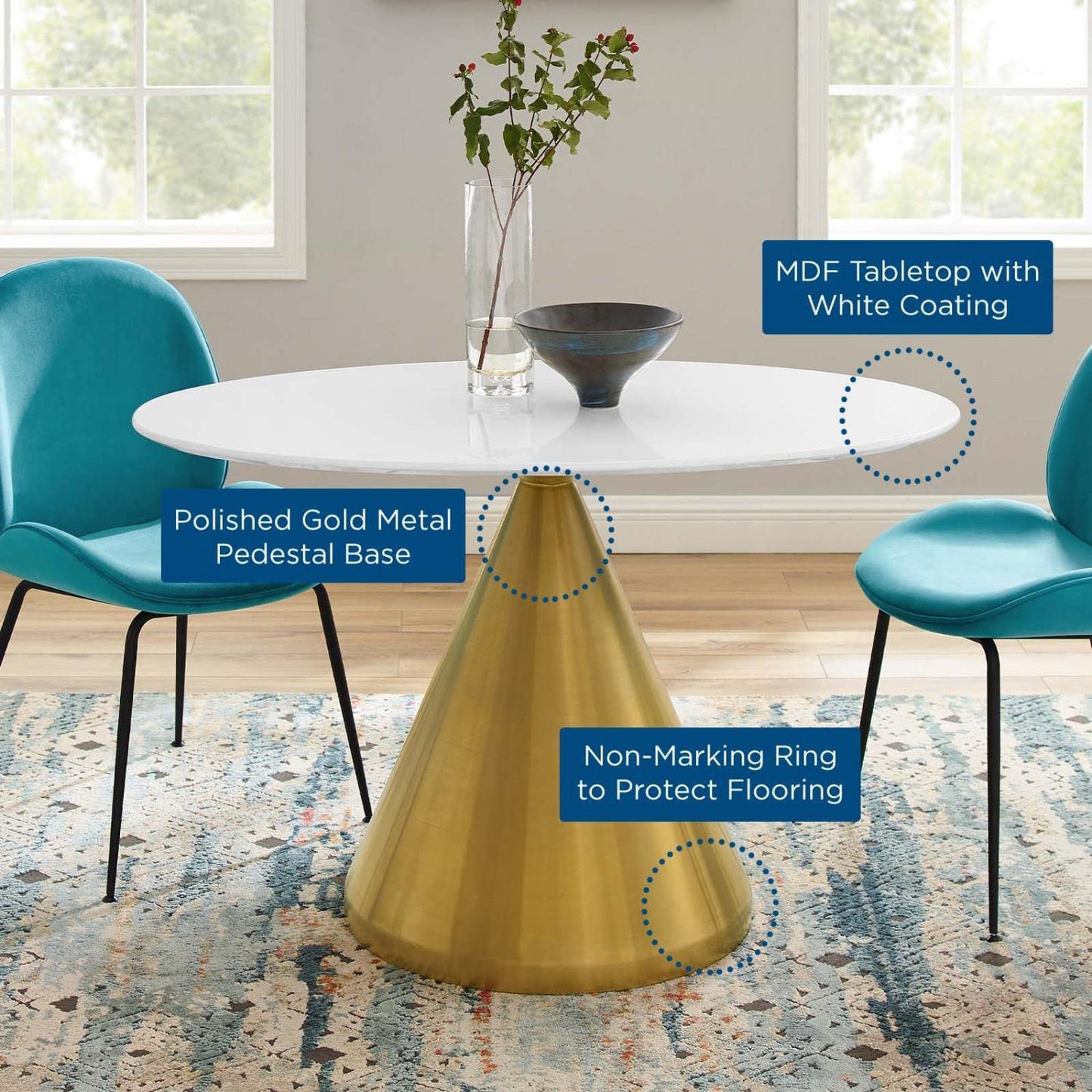 patio dining tables | CasaFoyer Tupelo 48 Dining Table | Modern Style | Mid-Century Charm | Polished Gold Metal Base | Easy to Clean | Non-Marking Ring | Assembly Required | casafoyer.myshopify.com