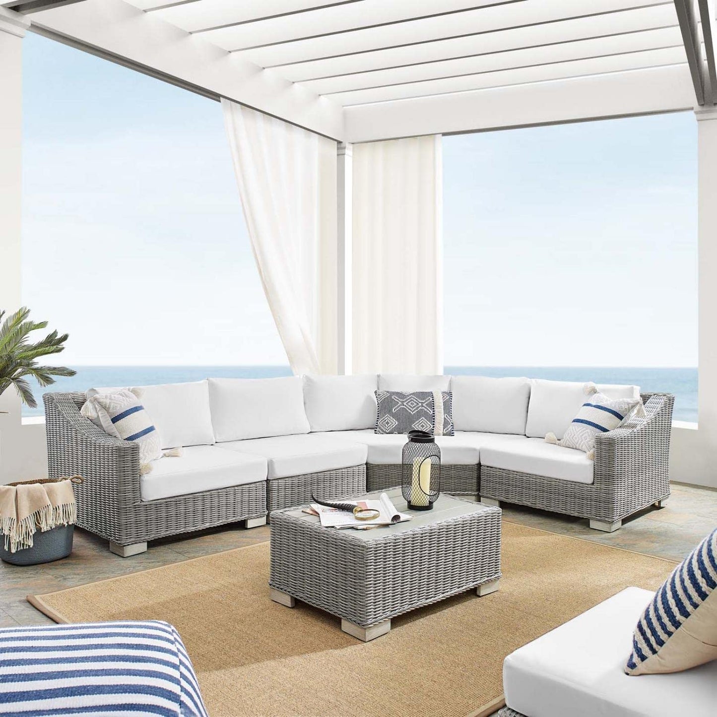 sofas | CasaFoyer Conway Outdoor Patio Sunbrella Wicker Rattan 5-Piece Sectional Sofa Furniture Set | Light Gray | UV-Resistant | Modular Design | Aluminum Frame | casafoyer.myshopify.com