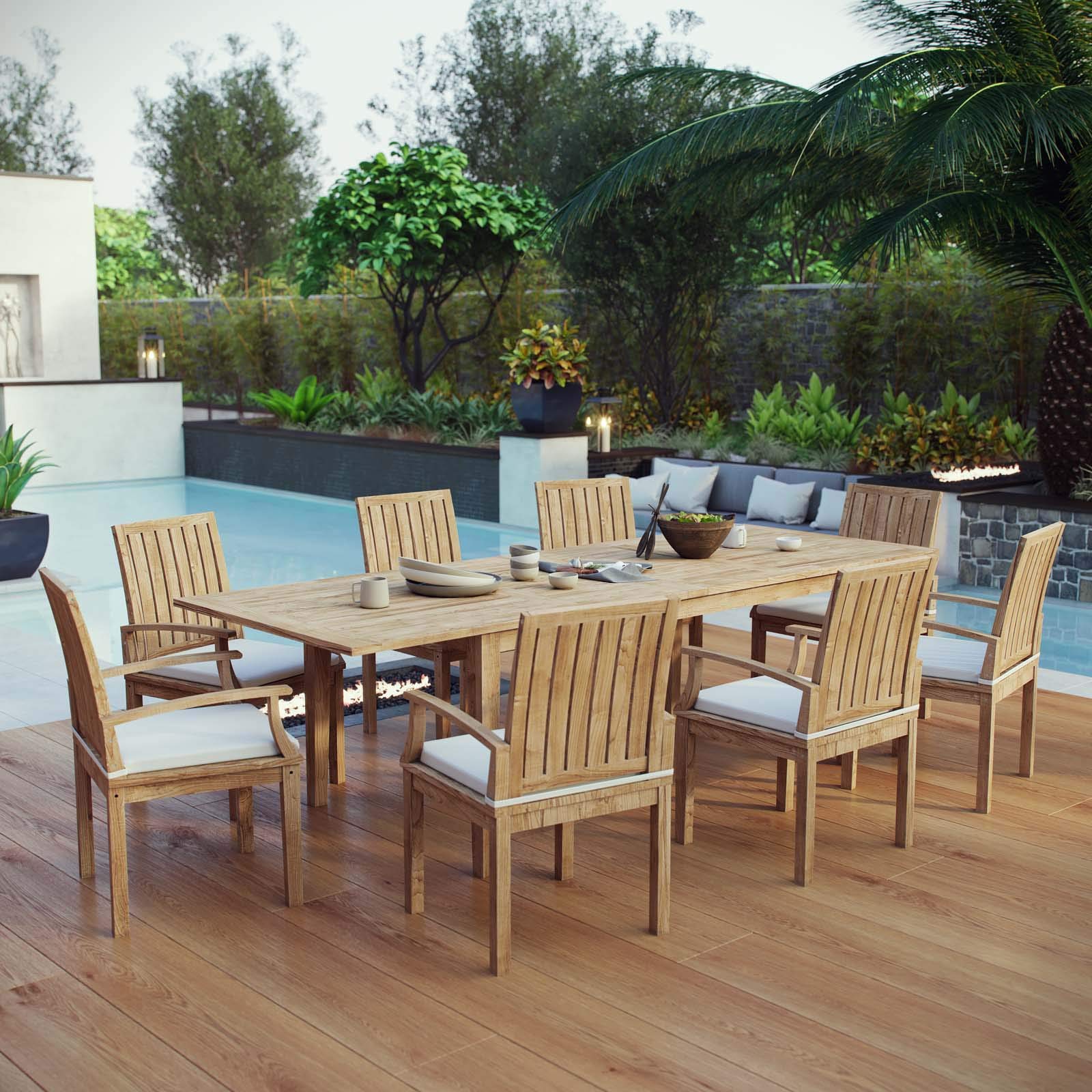 kitchen and dining room sets | CasaFoyer Marina 9 Piece Teak Wood Outdoor Patio Set | Resilient Design | Extending Table | 8 Dining Chairs | Natural White | casafoyer.myshopify.com