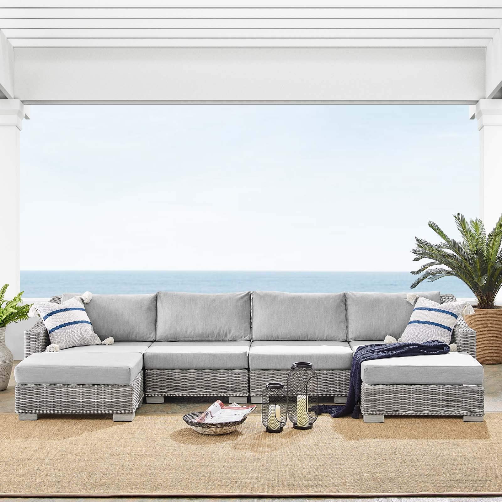 kitchen and dining room sets | CasaFoyer Conway Outdoor Patio Sunbrella Wicker Rattan 6-Piece Furniture Set | Light Gray | UV-Resistant | Water-Resistant | Comfortable Cushions | Durable Frame | casafoyer.myshopify.com