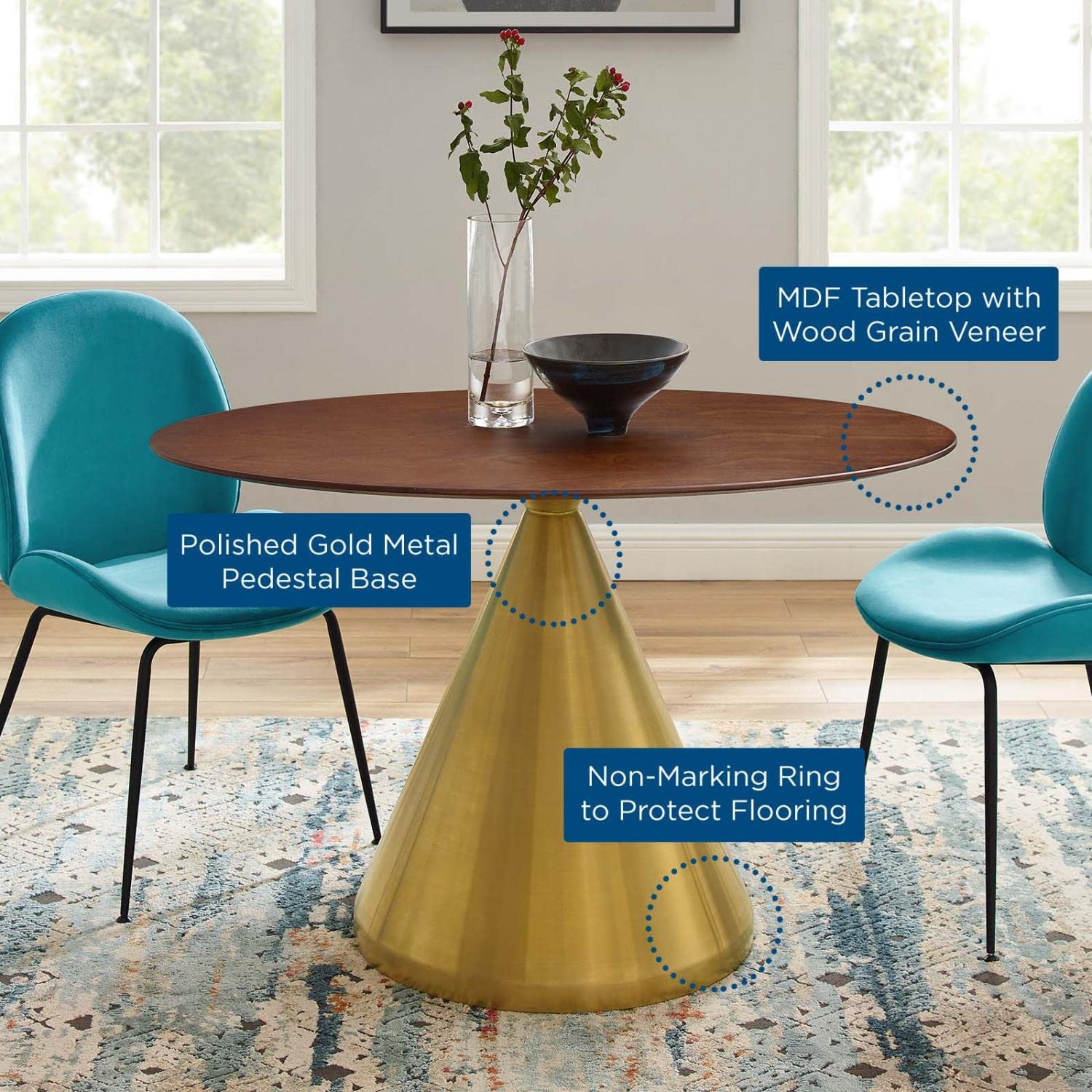 patio dining tables | CasaFoyer Tupelo 48 Dining Table | Modern Style | Mid-Century Influence | Polished Gold Metal Base | MDF Tabletop with Wood Grain Veneer | Non-Marking Ring | Easy to Clean | Assembly Required | casafoyer.myshopify.com