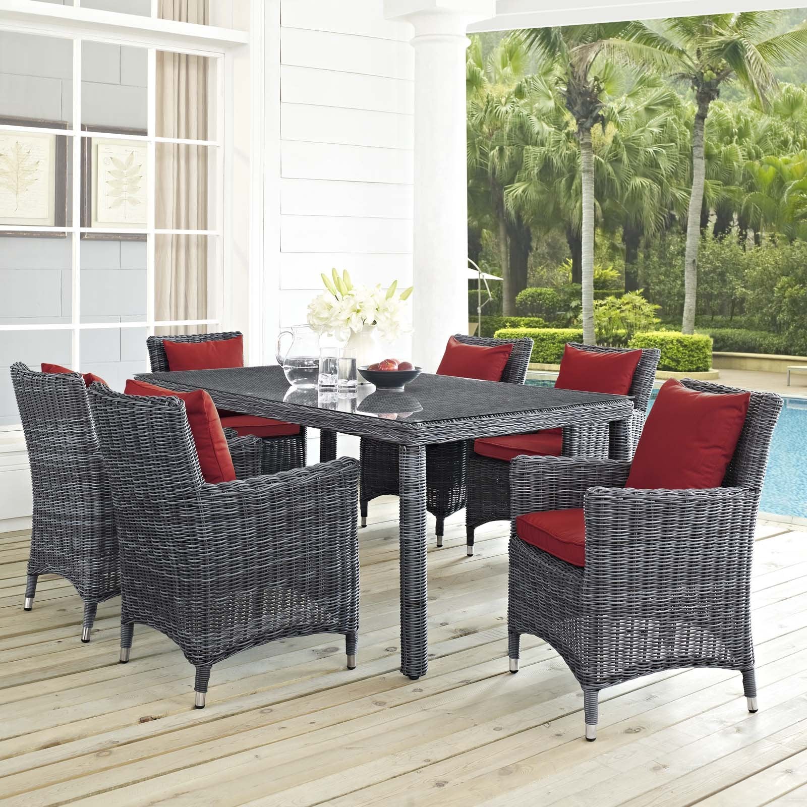 kitchen and dining room sets | CasaFoyer Summon Outdoor Patio Dining Table Set | 7 Piece | Sunbrella Cushions | UV Protection | Two-Tone Rattan Weave | Aluminum Frame | casafoyer.myshopify.com
