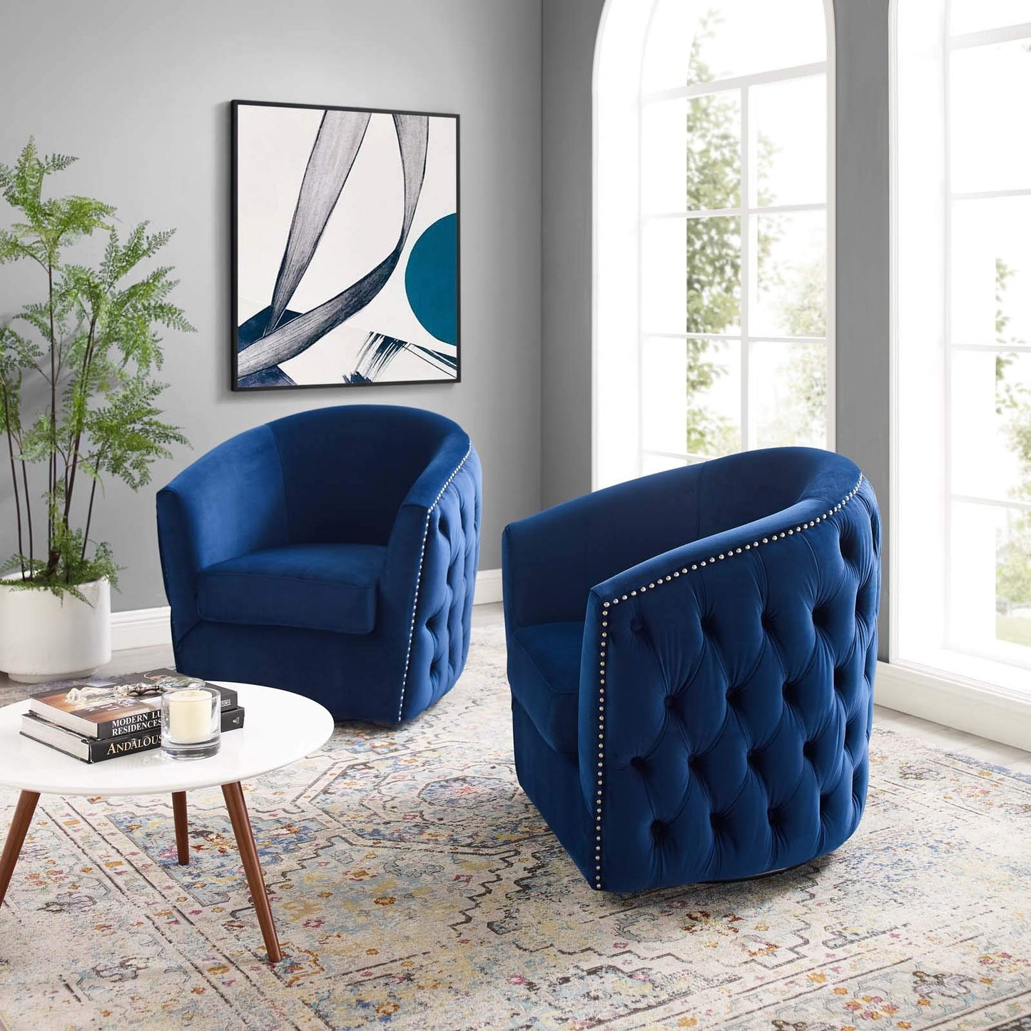 home office desk chairs | CasaFoyer Rogue Performance Velvet Swivel Armchair Set of 2 | Navy: Luxurious, Stylish, and Versatile | Enhance your living space with this stain-resistant armchair set featuring a 360-degree swivel base and cozy barrel back design. | casafoyer.myshopify.com