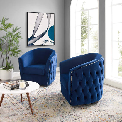 home office desk chairs | CasaFoyer Rogue Performance Velvet Swivel Armchair Set of 2 | Navy: Luxurious, Stylish, and Versatile | Enhance your living space with this stain-resistant armchair set featuring a 360-degree swivel base and cozy barrel back design. | casafoyer.myshopify.com