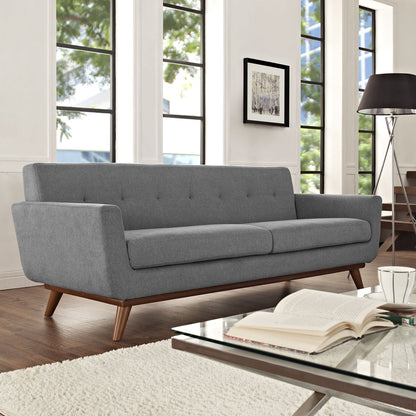 sofas | Engage Sofa | Gently Curved | Dual Cushions | Tufted Buttons | Cherry Wood Legs | Lounging, Coffee Brunch, Conversations | Upholstered Fabric | Expectation Gray | casafoyer.myshopify.com