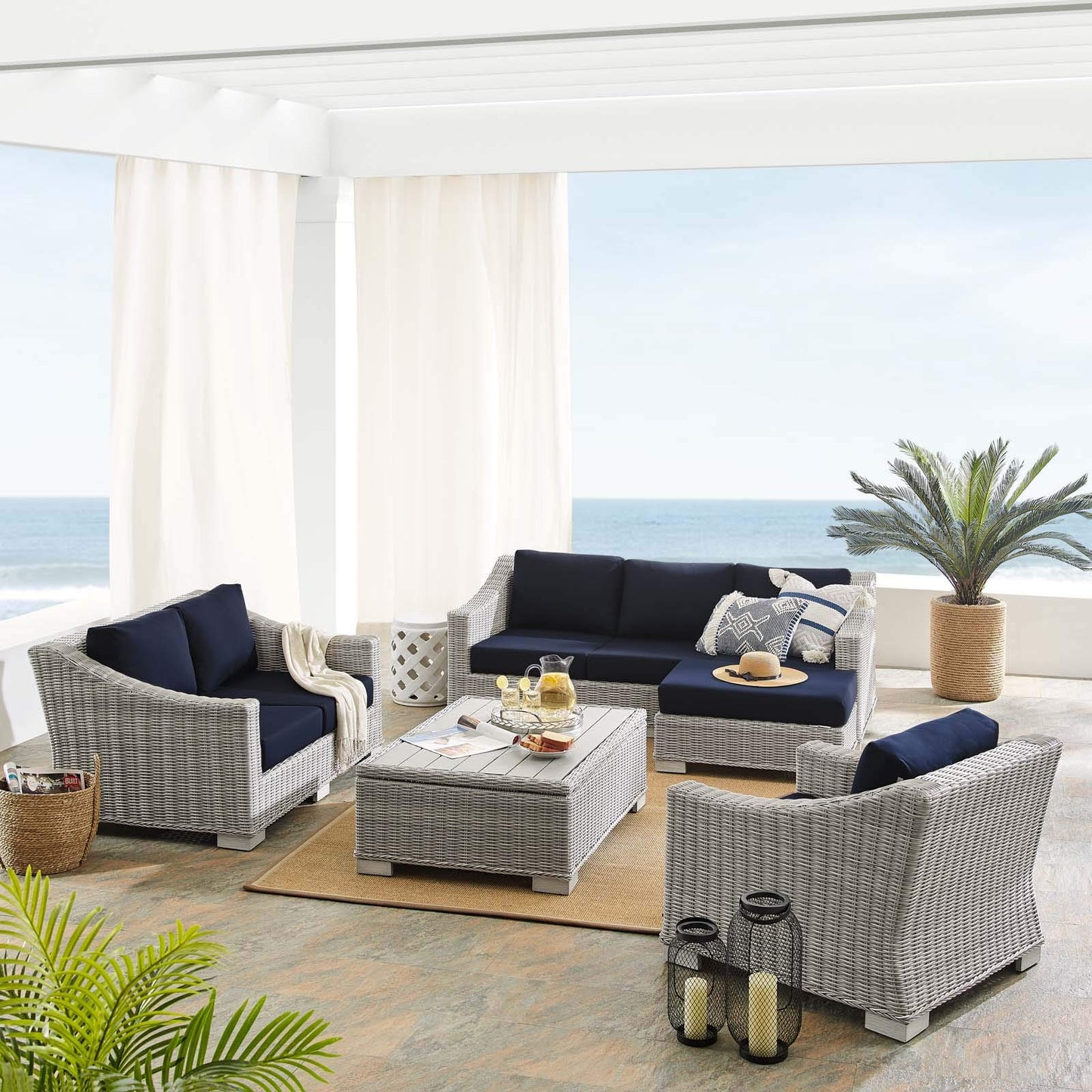 kitchen and dining room sets | CasaFoyer Conway Outdoor Patio Sunbrella Wicker Rattan 5-Piece Furniture Set | Stylish & Comfortable | UV-Resistant | Durable | Washable Cushions | Trendy Design | casafoyer.myshopify.com