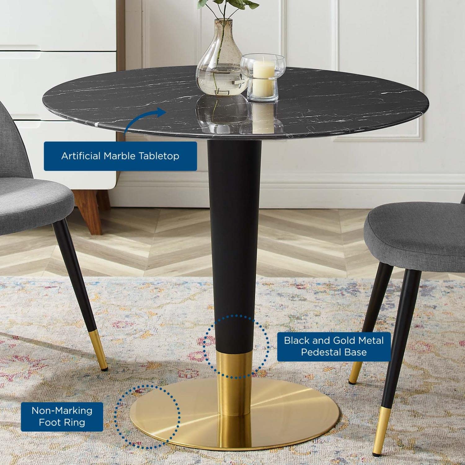 patio dining tables | CasaFoyer Zinque Dining Table | 36 Artificial Marble Top | Modern Mid-Century Design | Gold Black Base | Easy to Clean | Perfect for Entertaining or Everyday Dining | casafoyer.myshopify.com