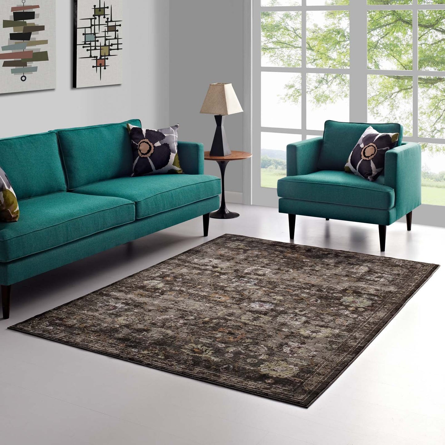 area rugs | CasaFoyer Minu Distressed Floral Lattice Area Rug | Durable Polypropylene | Stain-Resistant | Non-Shedding | 5x8 Size | Black, Yellow, Orange | casafoyer.myshopify.com