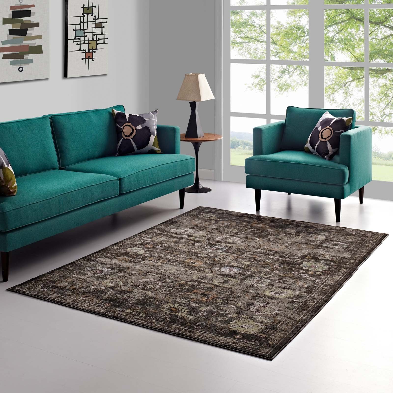 area rugs | CasaFoyer Minu Distressed Floral Lattice Area Rug | Durable Polypropylene | Stain-Resistant | Non-Shedding | 5x8 Size | Black, Yellow, Orange | casafoyer.myshopify.com