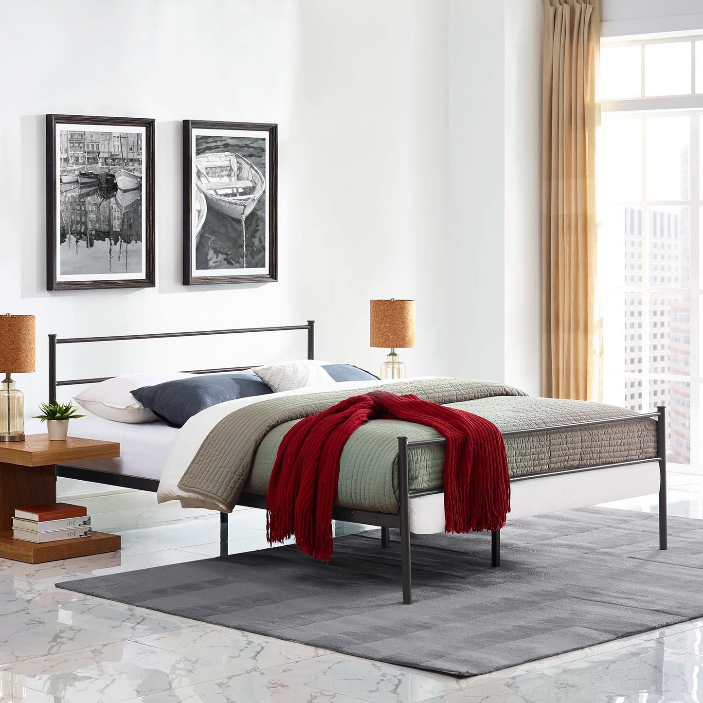 Bed | CasaFoyer Alina Platform Queen Bed | Rustic Charm | Sturdy Steel Frame | Supports 1323 lbs | No Box Spring Needed | Compatible with Memory Foam, Spring, Latex, Hybrid Mattresses | Mattress not included | casafoyer.myshopify.com