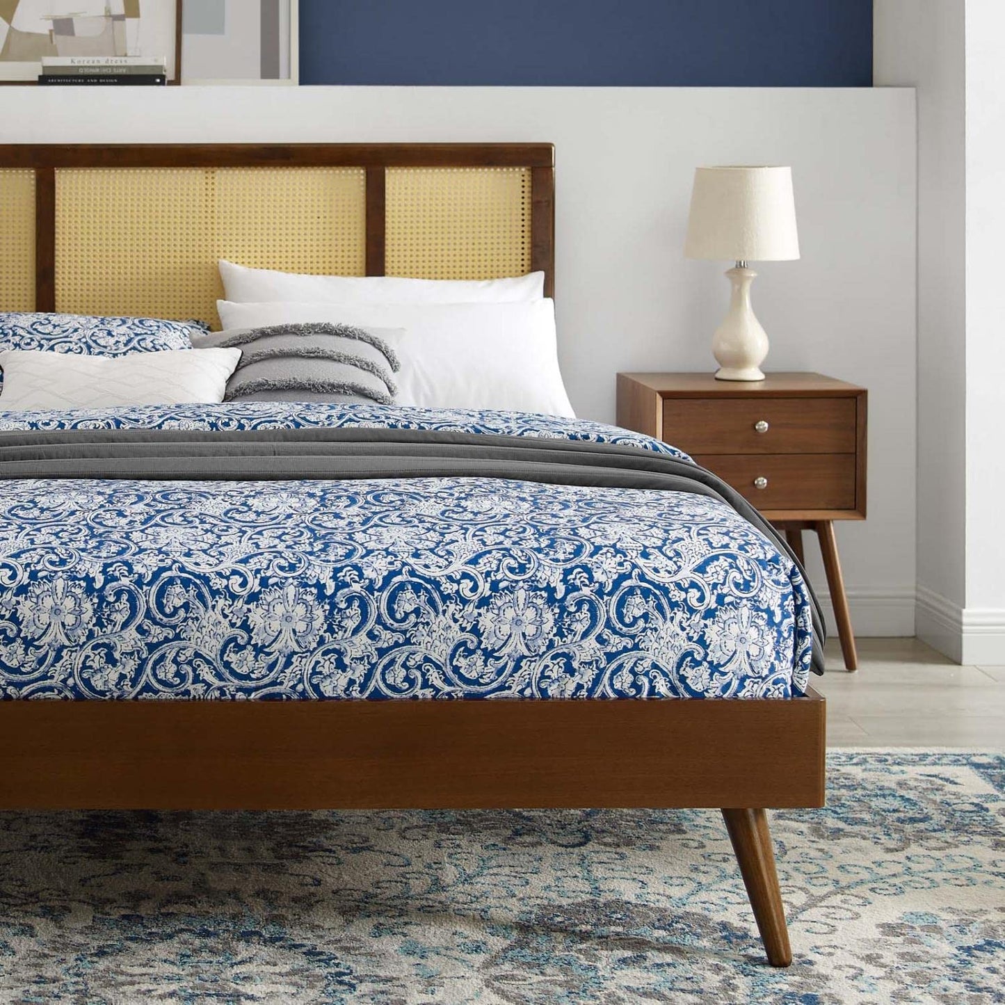 Bed | CasaFoyer Kelsea Woven Cane Rattan Wood Full Platform Bed | Modern Style | Natural Wood | Splayed Legs | Walnut Finish | Supports Various Mattress Types | 601 lbs Weight Capacity | casafoyer.myshopify.com