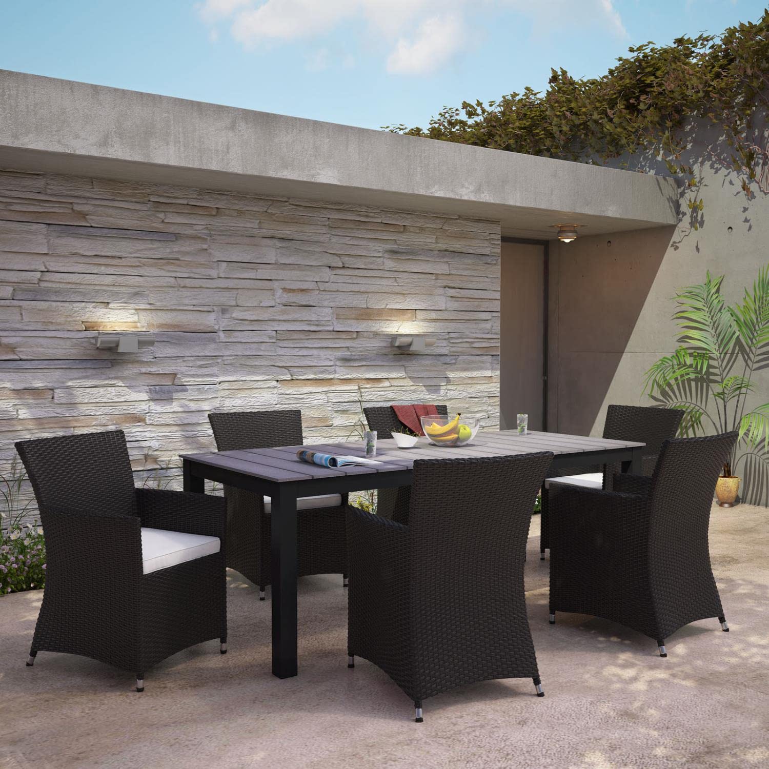 Dining Table | Junction Outdoor Patio Dining Furniture Set | Synthetic Rattan | All-Weather Cushions | Easy Maintenance | No Assembly | 80 Dining Table & 6 Armchairs | casafoyer.myshopify.com