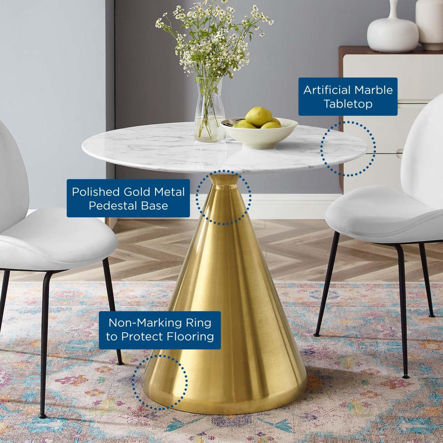 patio dining tables | CasaFoyer Tupelo 36 Dining Table | Modern Style | Mid-Century Charm | Polished Gold Base | Artificial Marble Top | Easy to Clean | Non-Marking Ring | casafoyer.myshopify.com