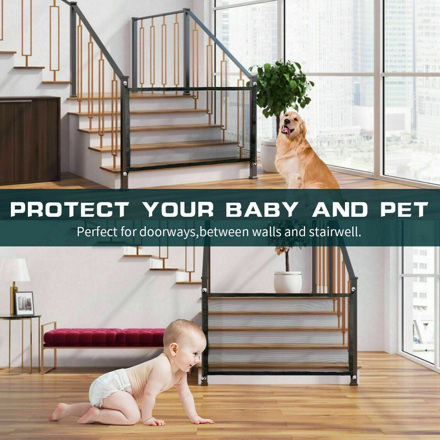 Pet fence | CasaFoyer Pets Dog Cat Baby Safety Gate Mesh Fence Magic Portable Guard Net Stairs Doors | casafoyer.myshopify.com