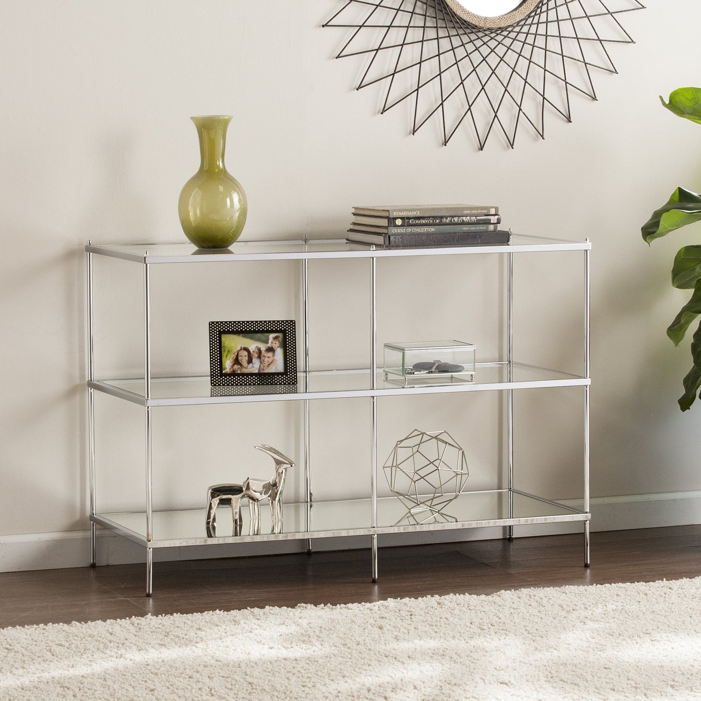 Dining Table | Exquisite Console Table | Chrome Frame | Mirrored Shelves | Glass Top | Stylish Storage | Lustrous Charm | Living, Den, or Dining Room | casafoyer.myshopify.com