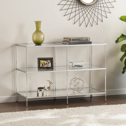 Dining Table | Exquisite Console Table | Chrome Frame | Mirrored Shelves | Glass Top | Stylish Storage | Lustrous Charm | Living, Den, or Dining Room | casafoyer.myshopify.com